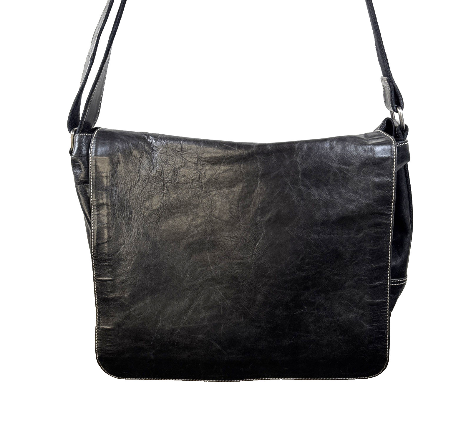 VTG Fossil Black Leather Messenger Bag Laptop Shoulder Tote Travel Office