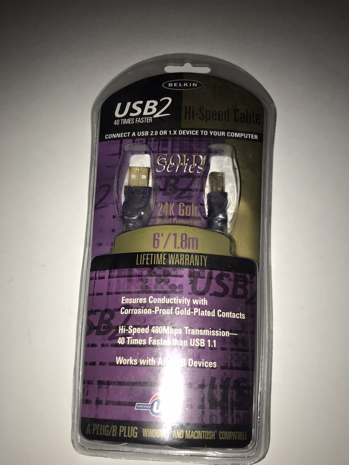 Belkin USB2 Hi-Speed USB Cable 24K Gold Plated Series 6' Type A-B 40X FASTER