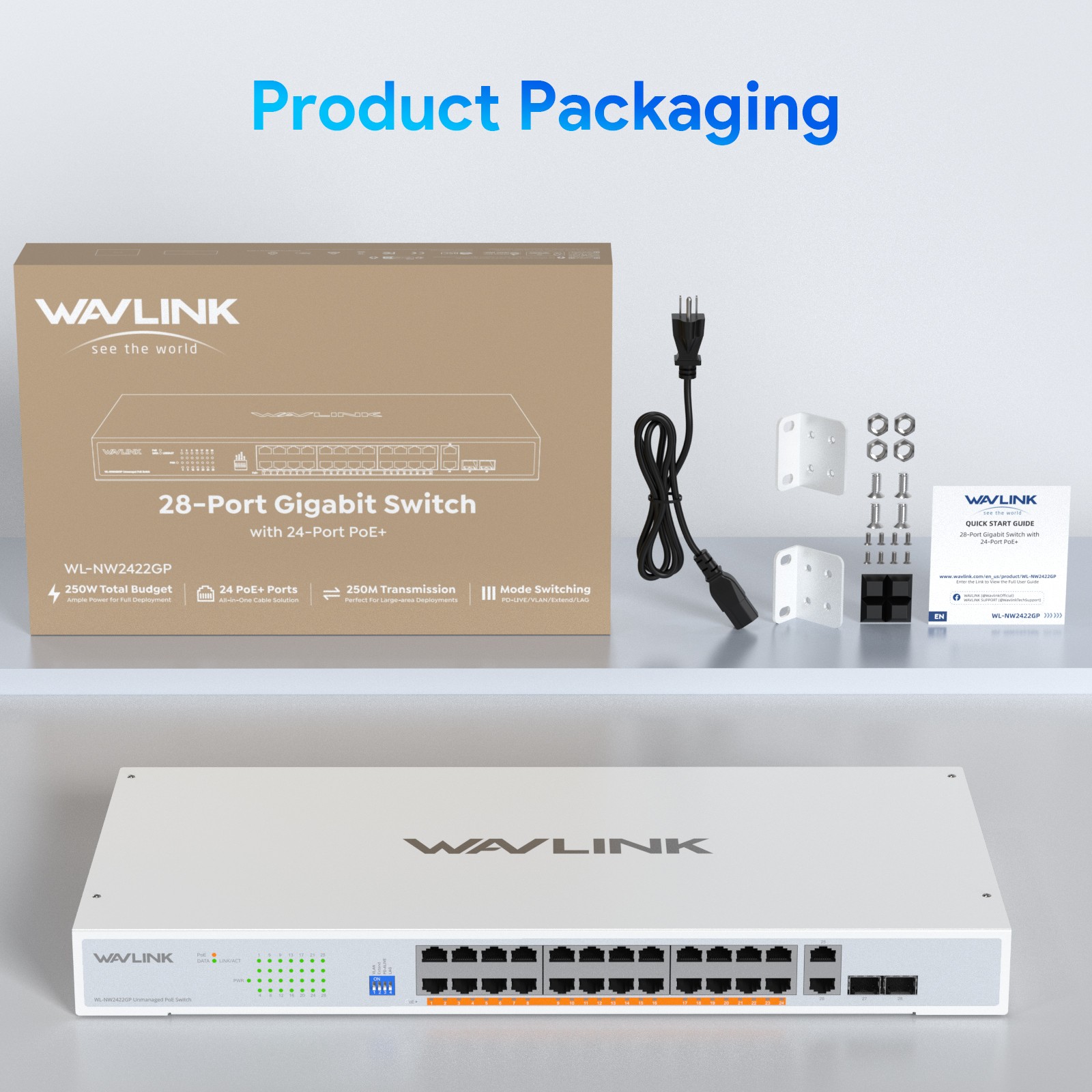 Wavlink 28 Port Gigabit Ethernet Switch 24 PoE 2 SFP 2 Gigabit Port Uplink 250W
