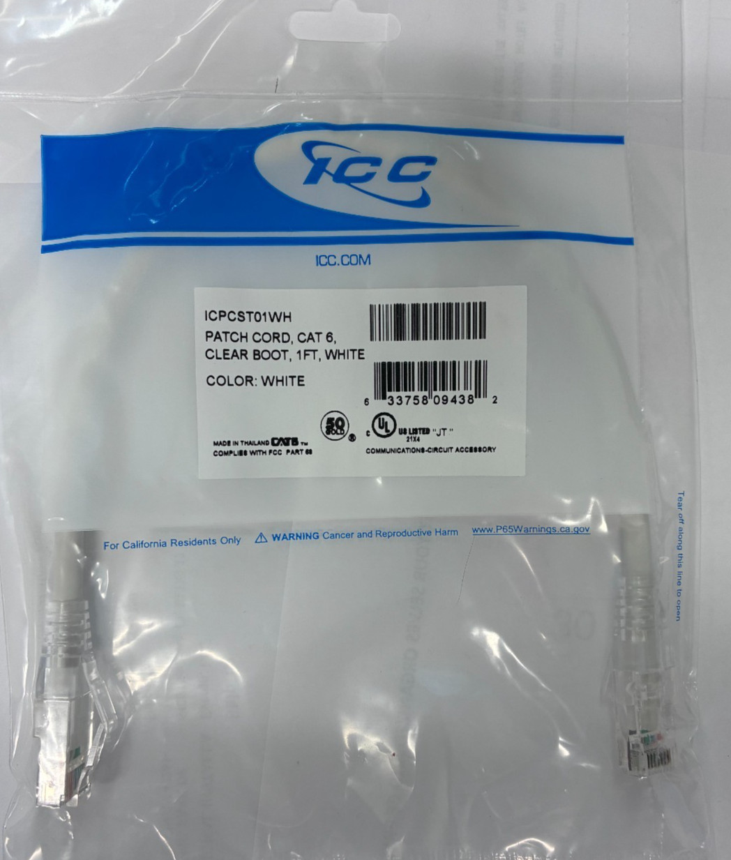 Icc ICPCST01WH Patch Cord Cat6 Clear Boot 1' White