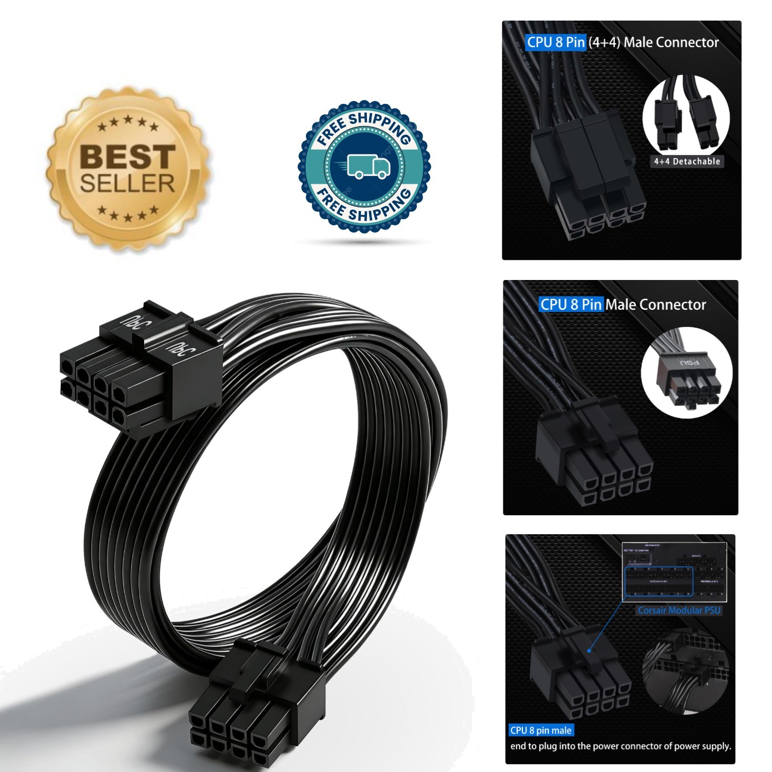 20 AWG Reliable CPU Power Adapter Cable for PC Corsair Components - 25 Inch