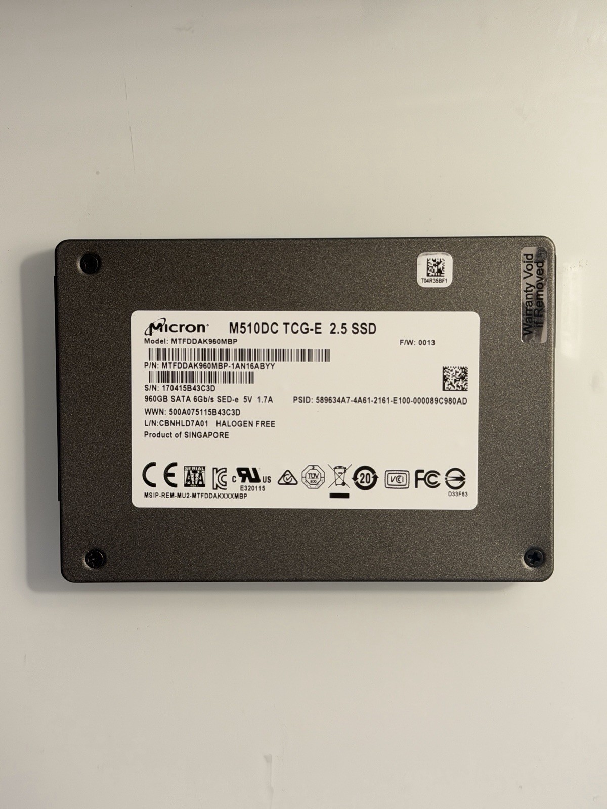 Micron M510DC 960GB SATA 2.5” SSD MTFDDAK960MBP SED Open Box 100% 0-1 Hours