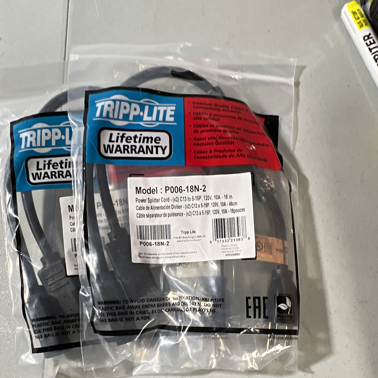 Tripp Lite P006-18N-2 Split Power Cable C13 to NEMA 5-15P 18in Black