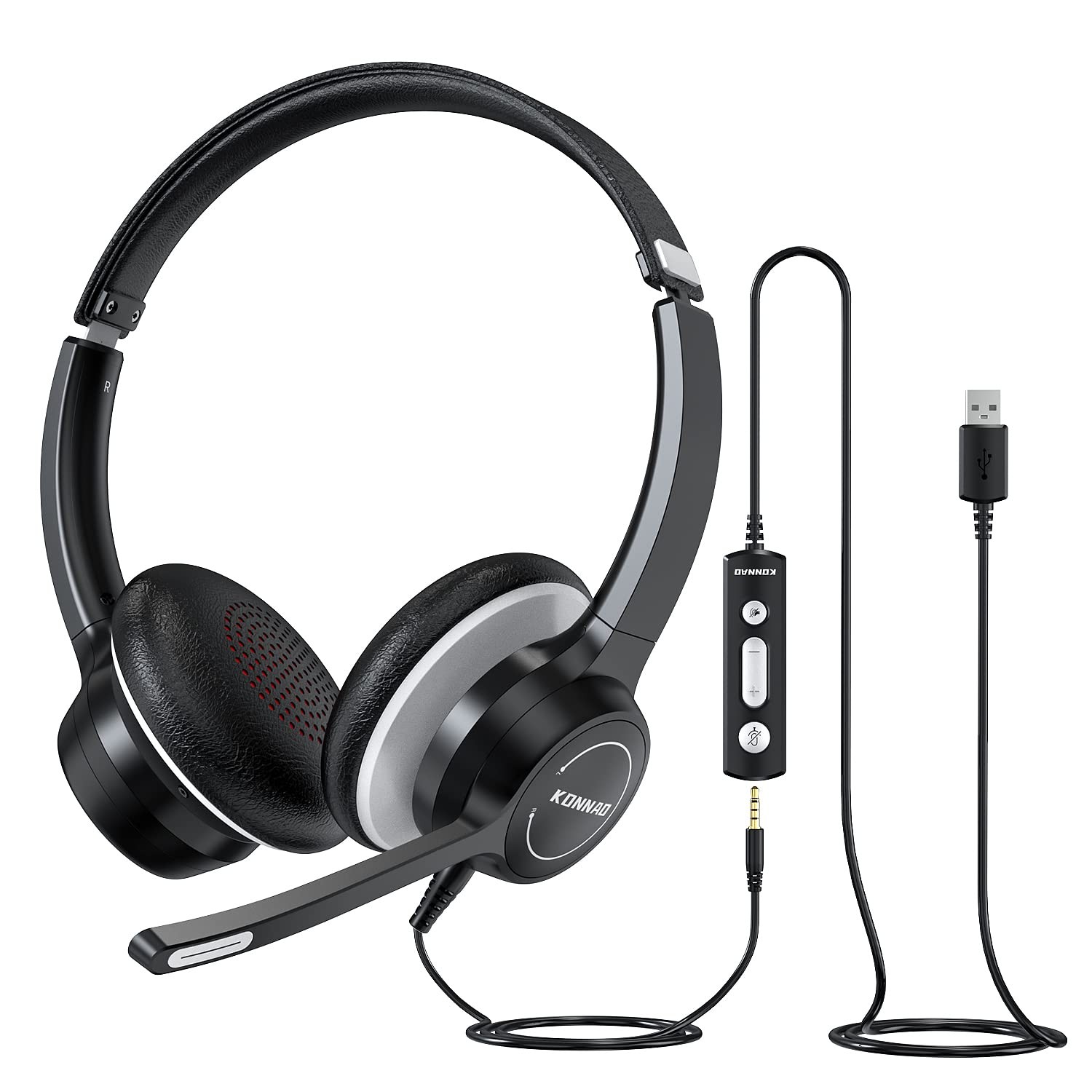 KONNAO USB Headset with Microphone, 3.5mm Wired Computer Headsets All Black