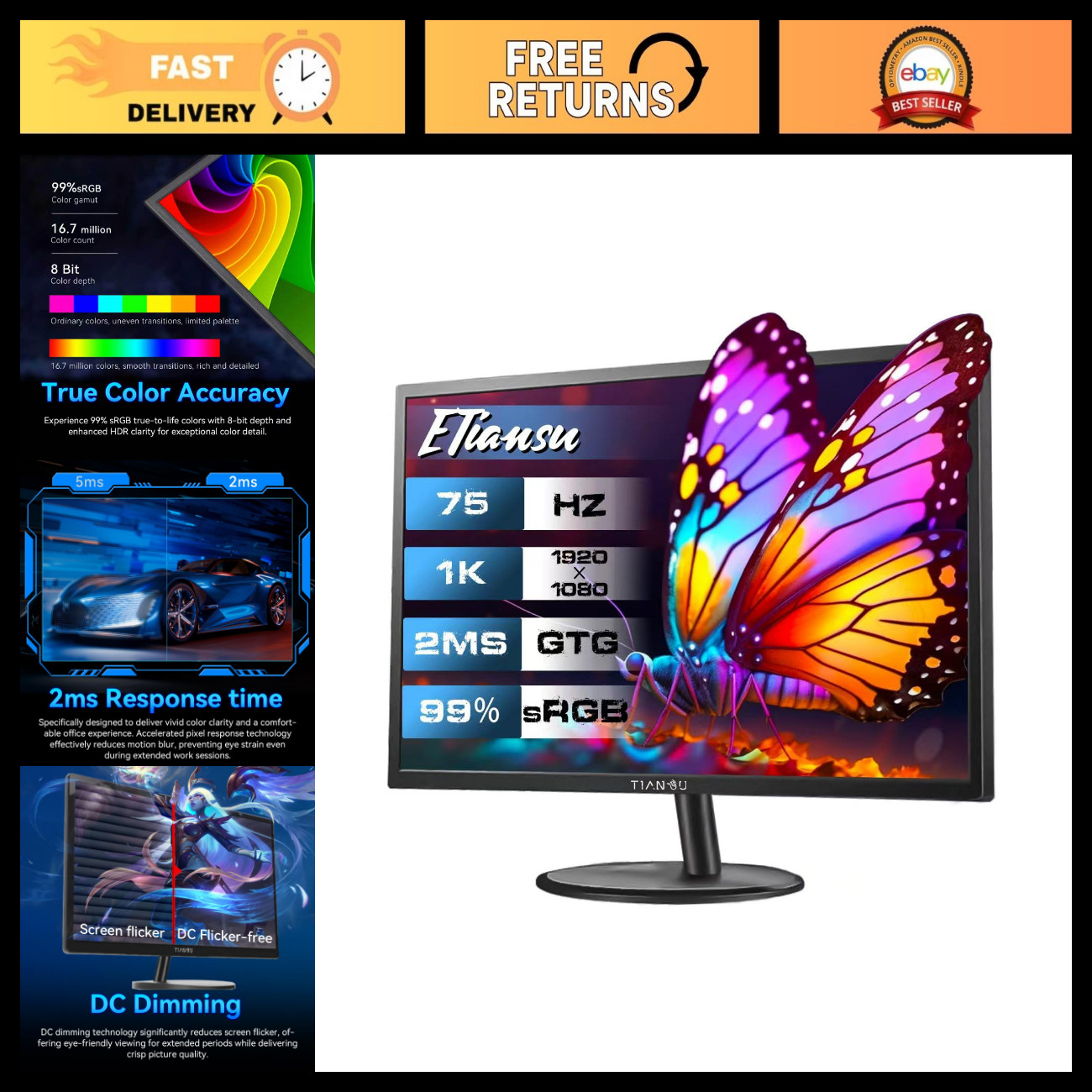 22" FHD 1080p IPS Computer Monitor, 75Hz FreeSync, HDMI, Gaming Display