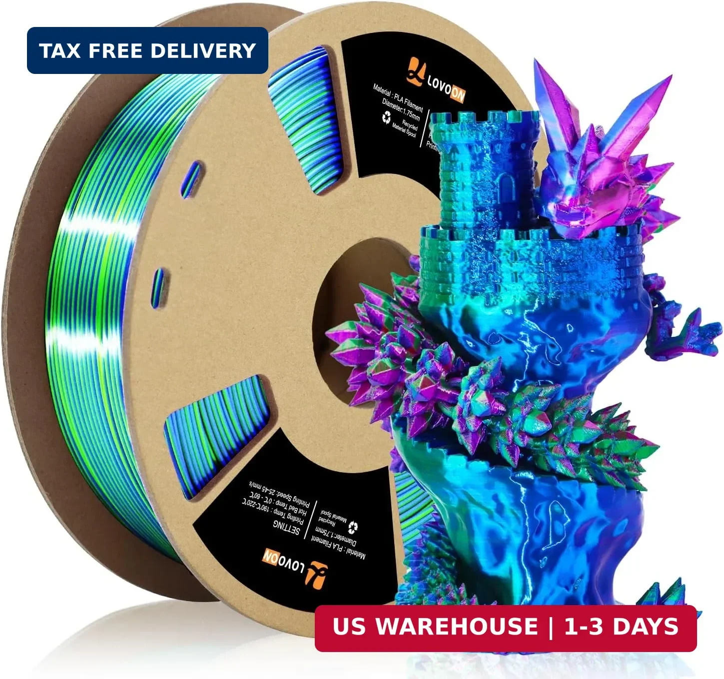 LOVOON 3D Printer Filament, Silk PLA Filament Tricolor, Green-Red-Blue 1kg