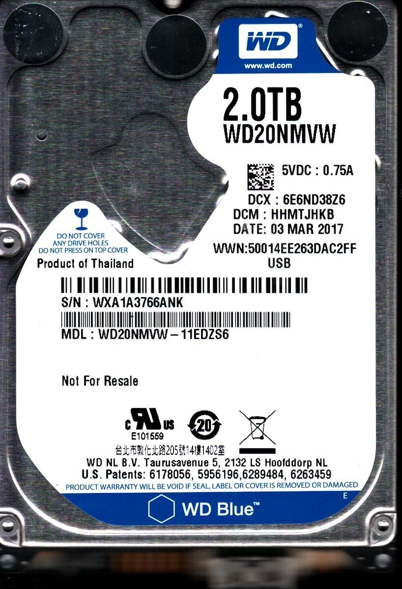 WD20NMVW-11EDZS6 S/N: WXA1A DCM: HHMTJHKB WESTERN DIGITAL 2TB THAILAND MAR 2017
