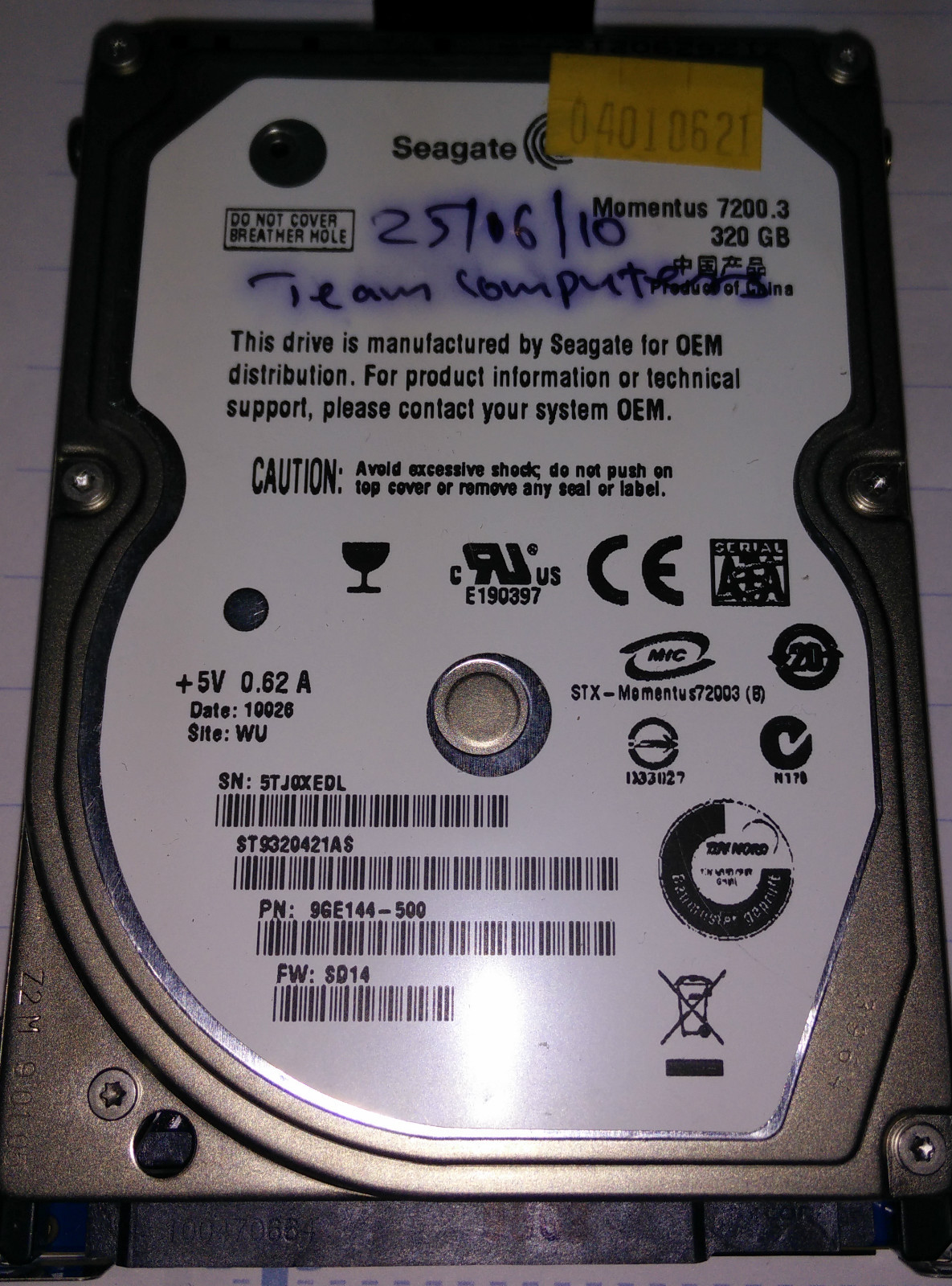 Seagate ST9320421AS 320GB SATA 2.5" PCB (ONLY) P/N: 9GE144-500 FW SD14 Site: WU