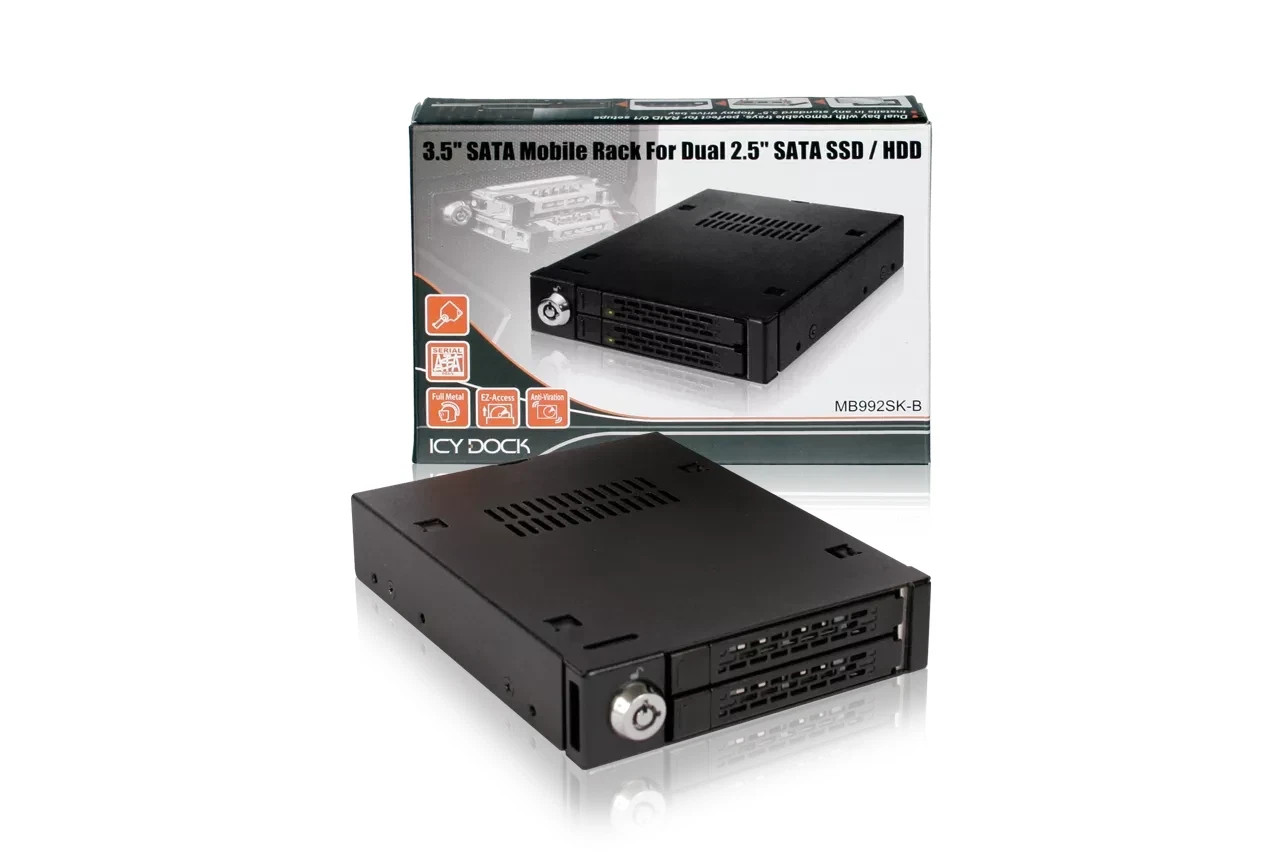 Icy Dock ToughArmor Dual 2.5" SSD/HDD Mobile Rack for 3.5" Bay MB992SK-B - NEW