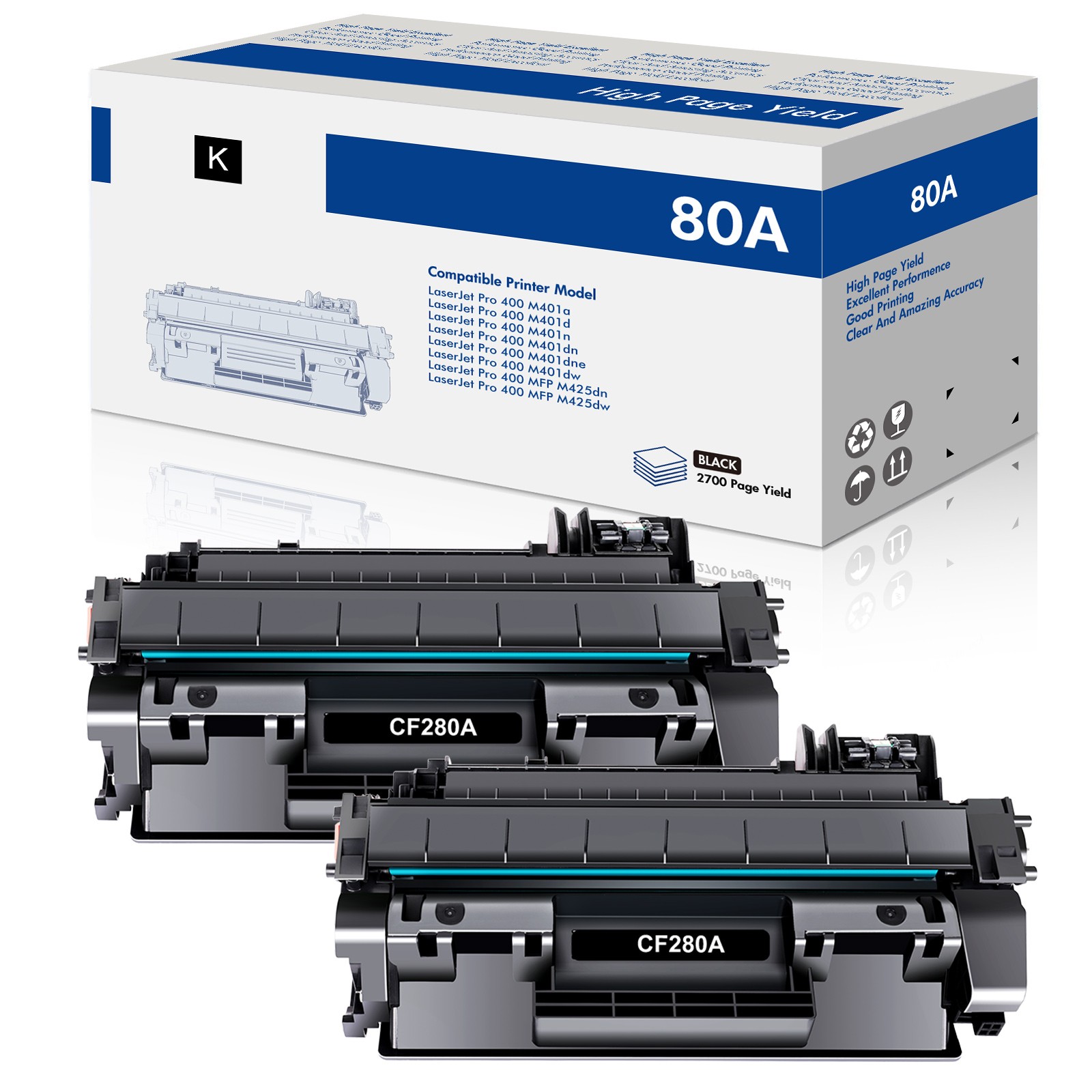 2PK CF280A For HP 80A Toner LaserJet Pro 400 M401n M401dn M401dne MFP M425dn