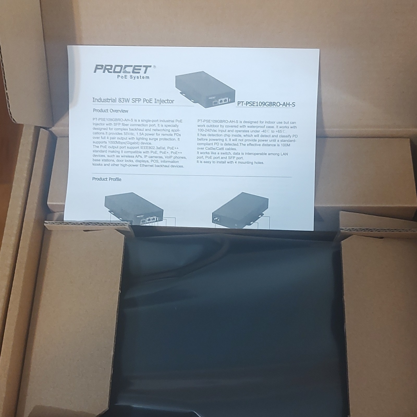 PROCET PT-PSE109GBRO-AH-S 83W Fiber SFP Power Over Ethernet PoE Injector