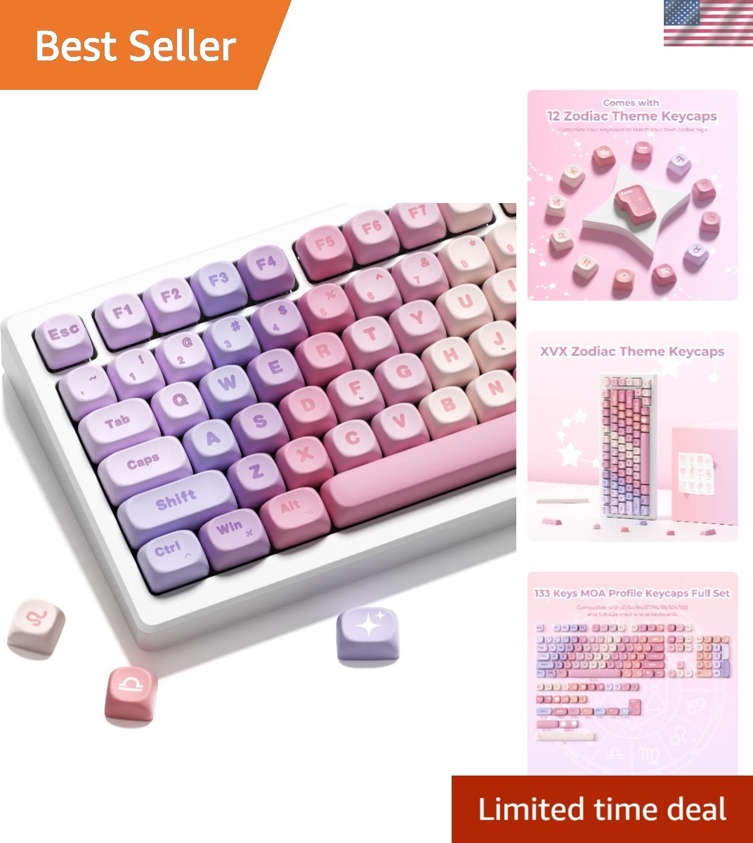 Celestial Charm: 12 Zodiac PBT Keycap Set for Mechanical Keyboards - 133 Keys