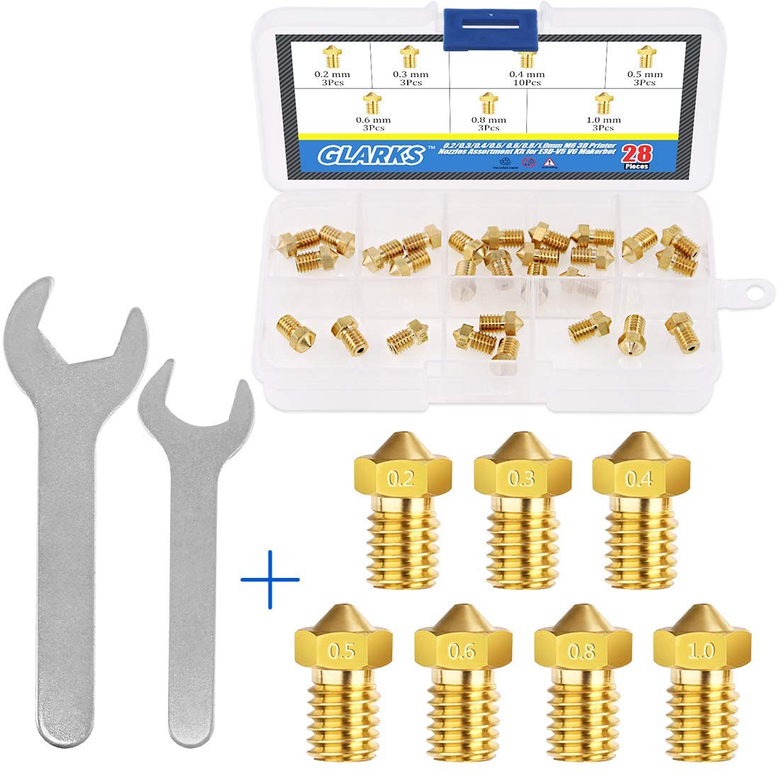 30Pcs 3D Printer Nozzle with Spanner Set, 28Pcs 0.2mm 0.3mm 0.4mm 0.5mm 0.6mm