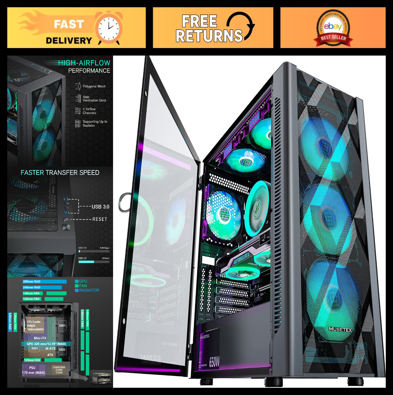 RGB Gaming PC Case with 6 PWM Fans, Tempered Glass Side Panel, USB 3.0, Mid-Towe