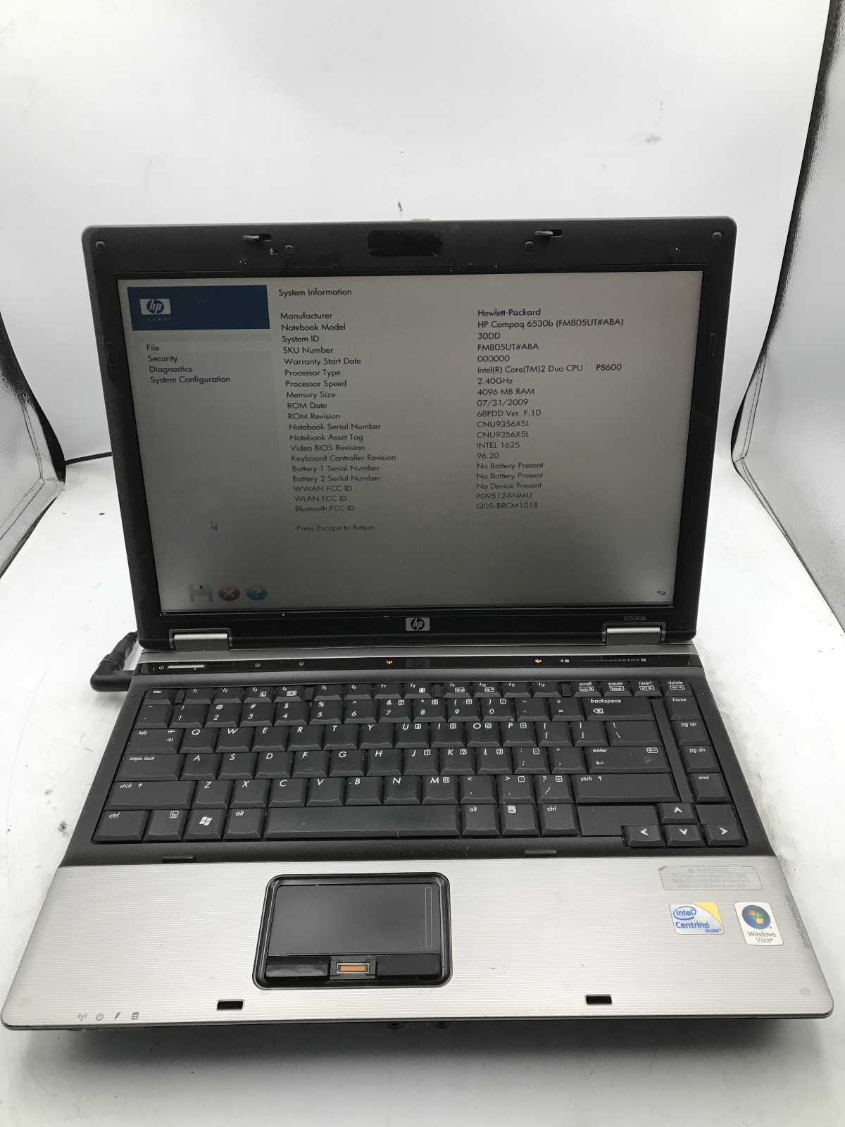 HP COMPAQ 6530B - BOOTS TO BIOS - INTEL 2 DUO P8600 - 4GB RAM - READ DESC - BB