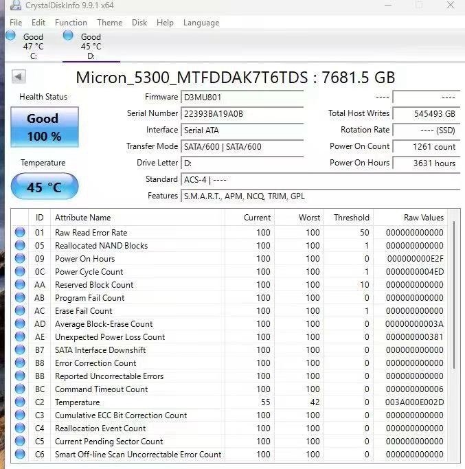 Micron 5300 PRO 7.68TB 2.5” SATA III Enterprise SSD MTFDDAK7T6TDS 100% Health