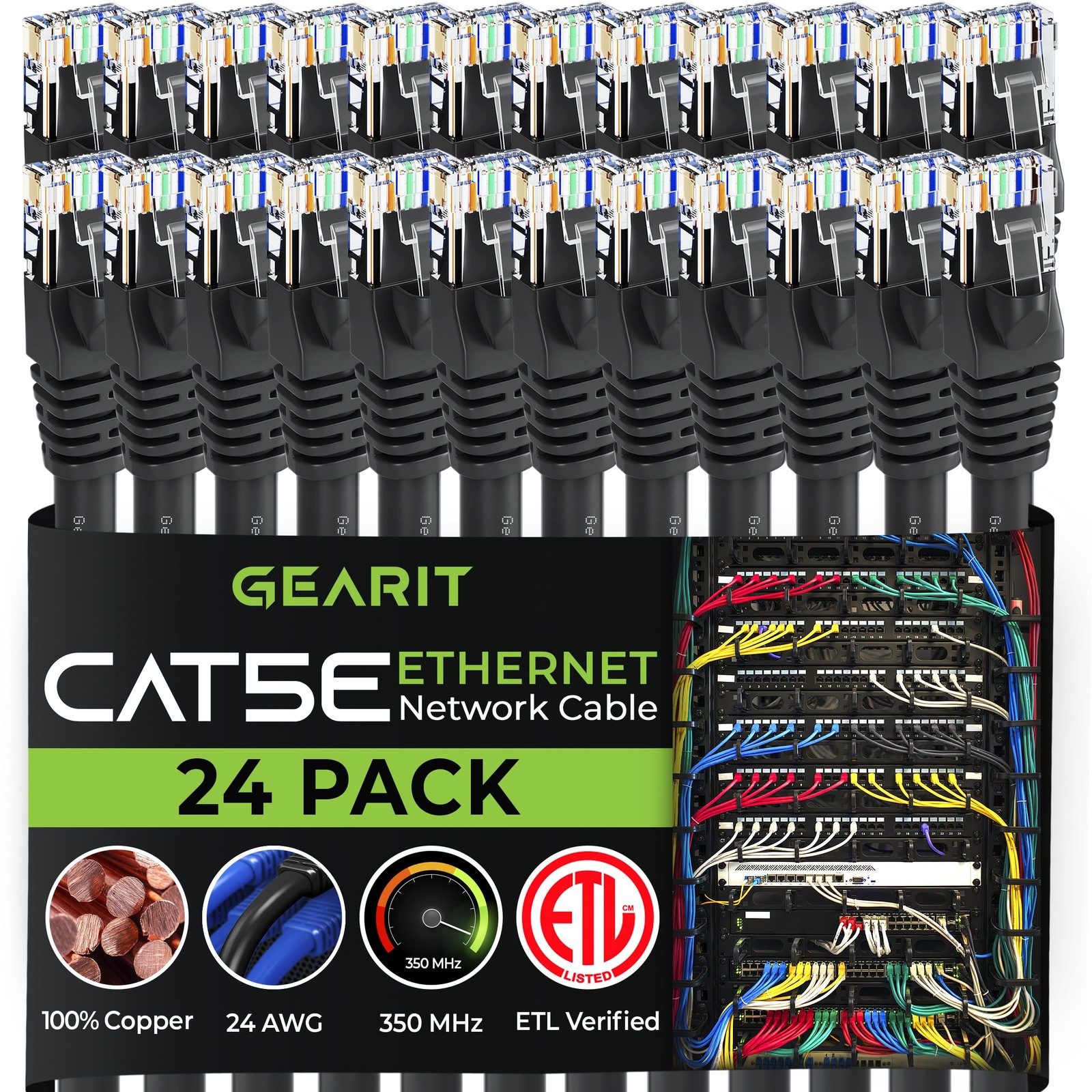 24 PCS Cat5e Ethernet Patch Cable 3 Feet Black RJ45 LAN Network Cord Snagless