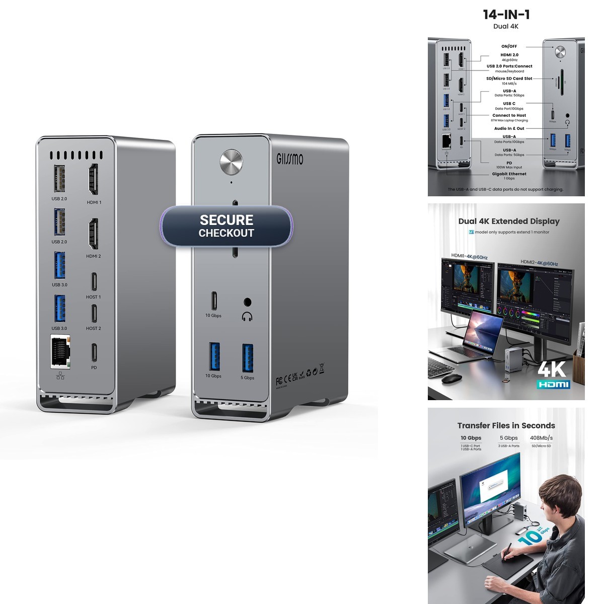 GIISSMO 5E01 14-in-2 Docking Station for MacBook Pro/Air Dual 4K HDMI 60Hz 87W