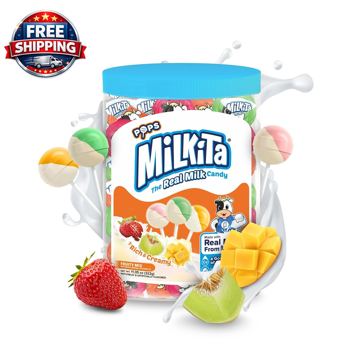 Real Milk Candy Lollipop Jar Fruity Mix (28 Count Lollipops) | Gluten-Free Healt