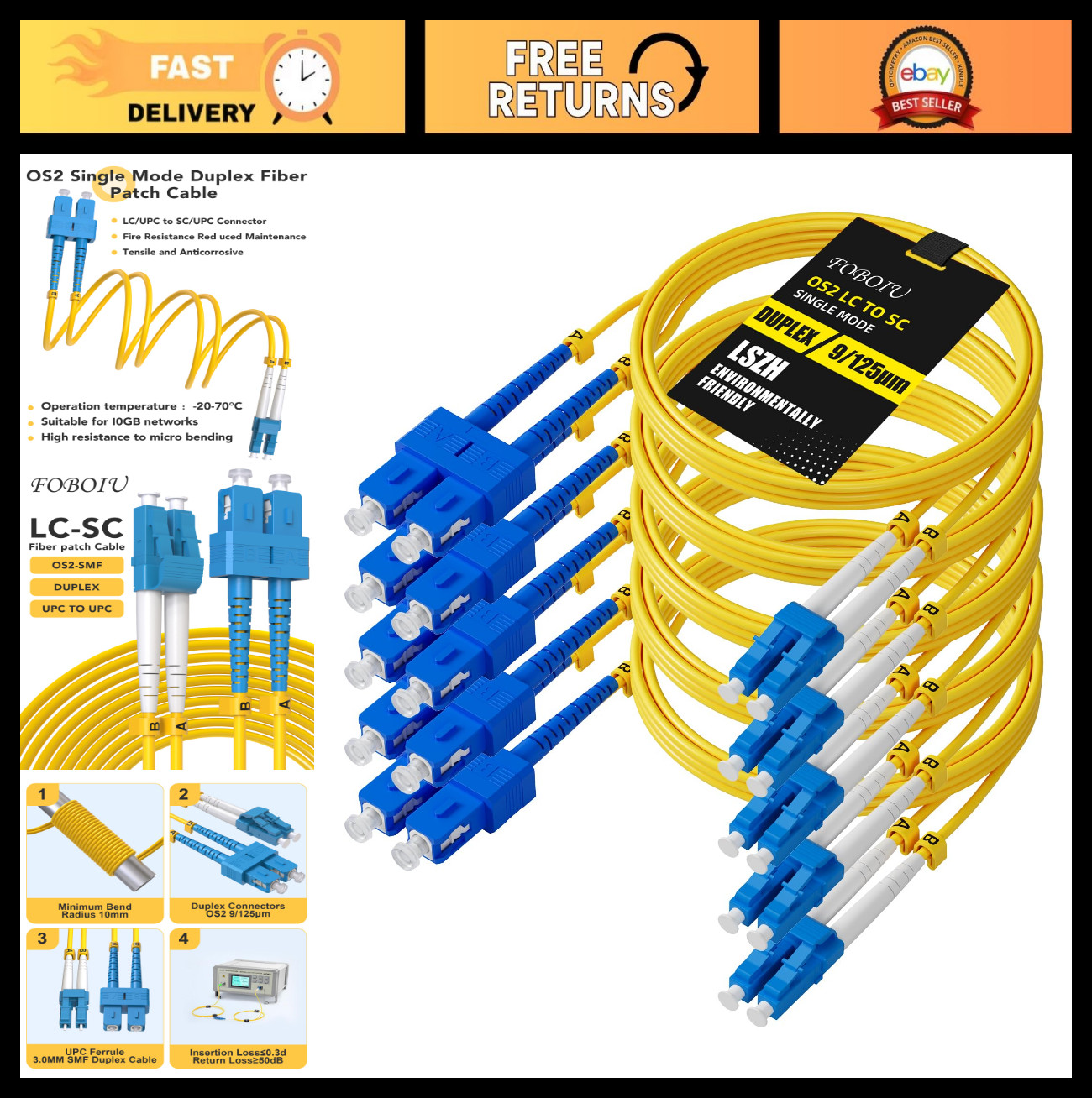 5 Pack 3m/10ft Singlemode LC to SC Duplex Fiber Patch Cable - High-Speed Connect
