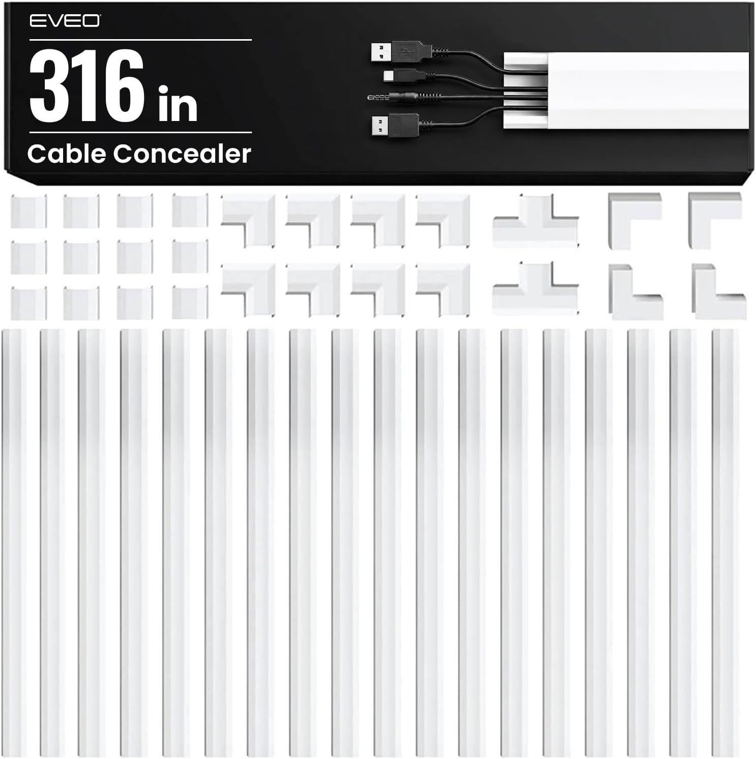 EVEO Cable Hider Wall 306” - Cable Raceway Cord Hider - Wire Covers for Cords on