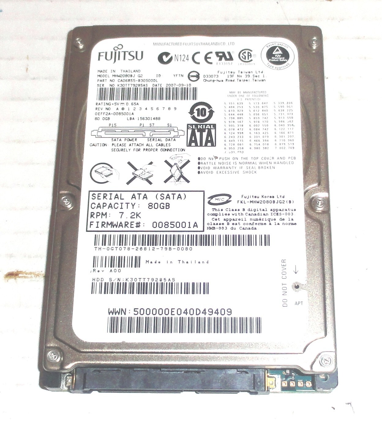 Fujitsu MHW2080BJ G2 80GB Sata Hard Drive P/N: CA06855-B30500DL F/W:0085001A