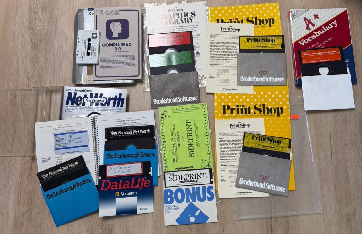 Vintage Atari 400/800 Software Lot Print Shop A+ Vocabulary Compu-Read Net Worth