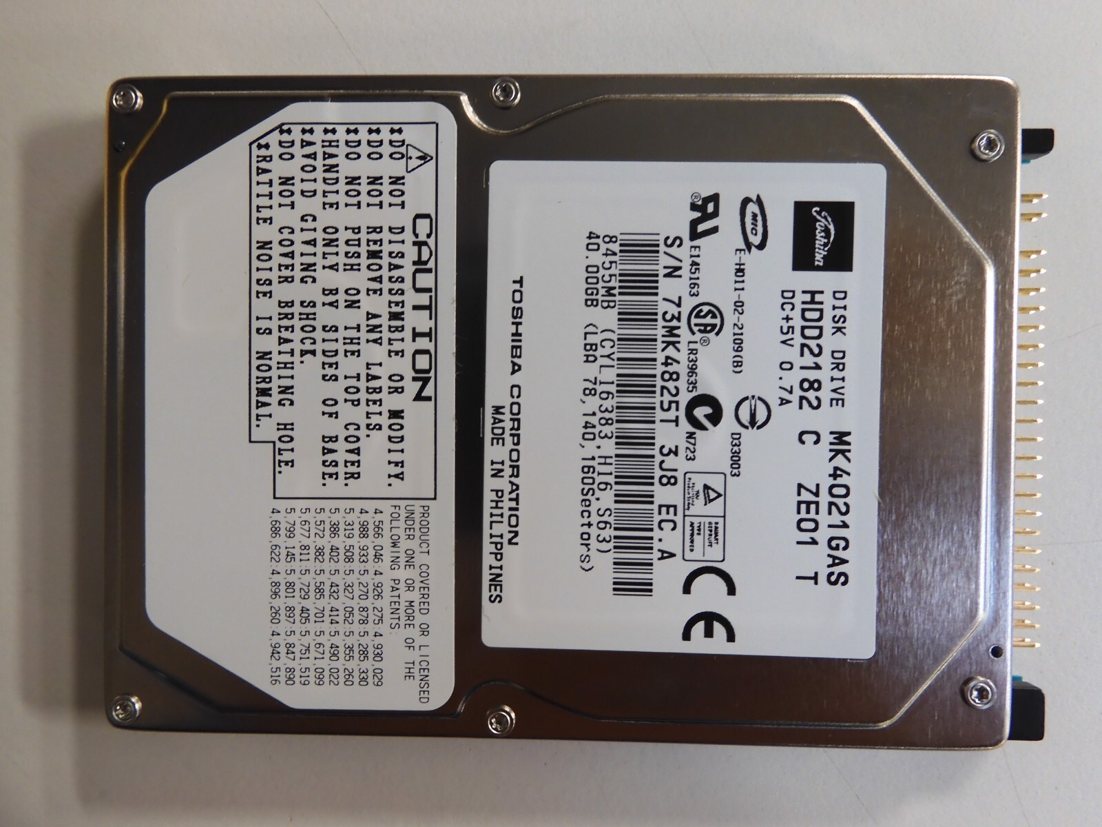 TOSHIBA MK4021GAS 40.0GB IDE 2.5" HDD. 9.5MM.  HDD2182