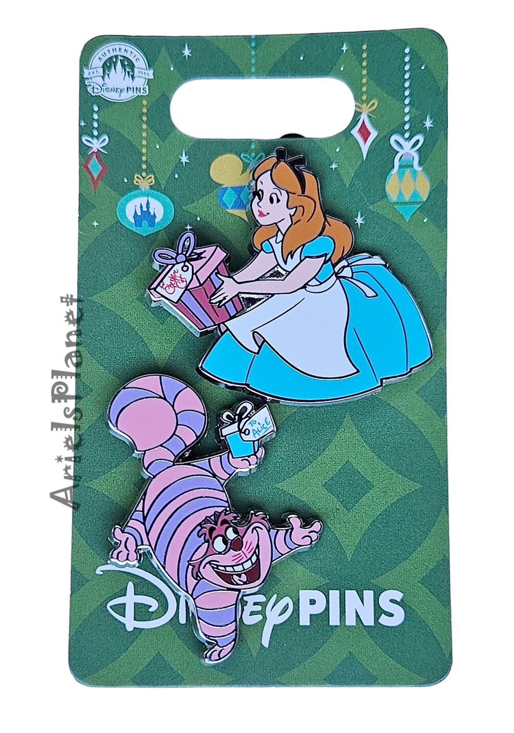 Disney Parks CHRISTMAS Holiday Alice in Wonderland & Cheshire Cat Pin Set