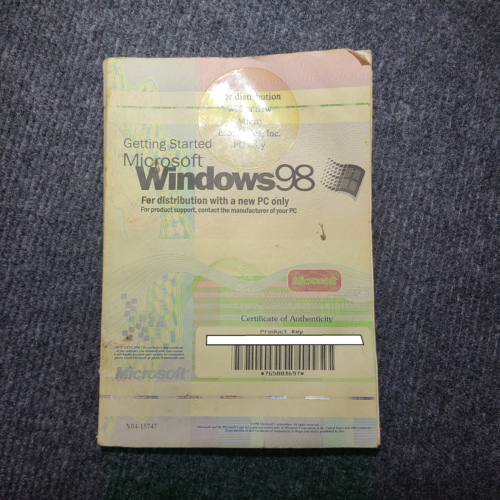 Microsoft Windows 98 Getting Started Manual COA Product Key OEM Vintage Retro PC