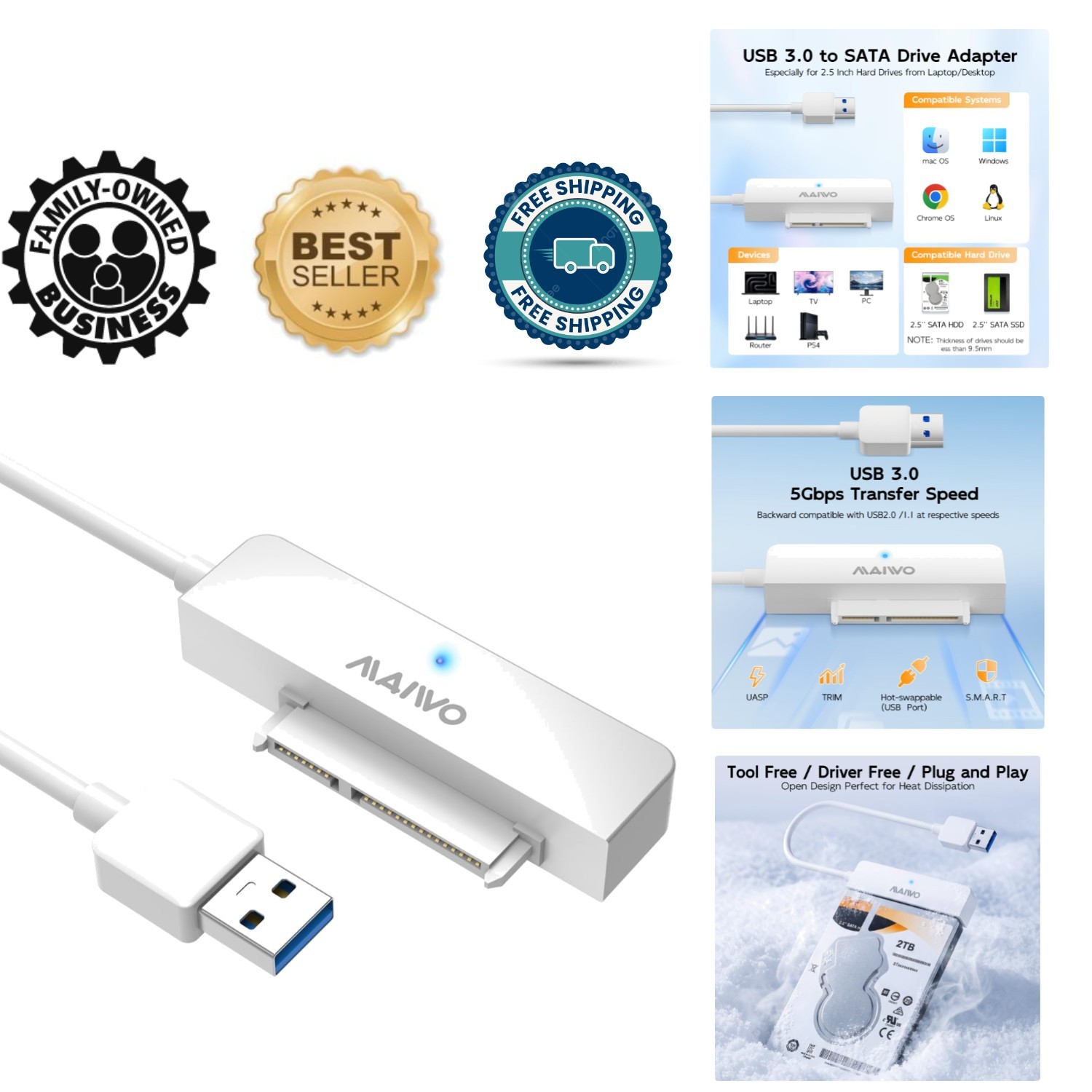 Compact USB Type-A to 2.5 Inch SATA Converter - Plug & Play for Easy Use