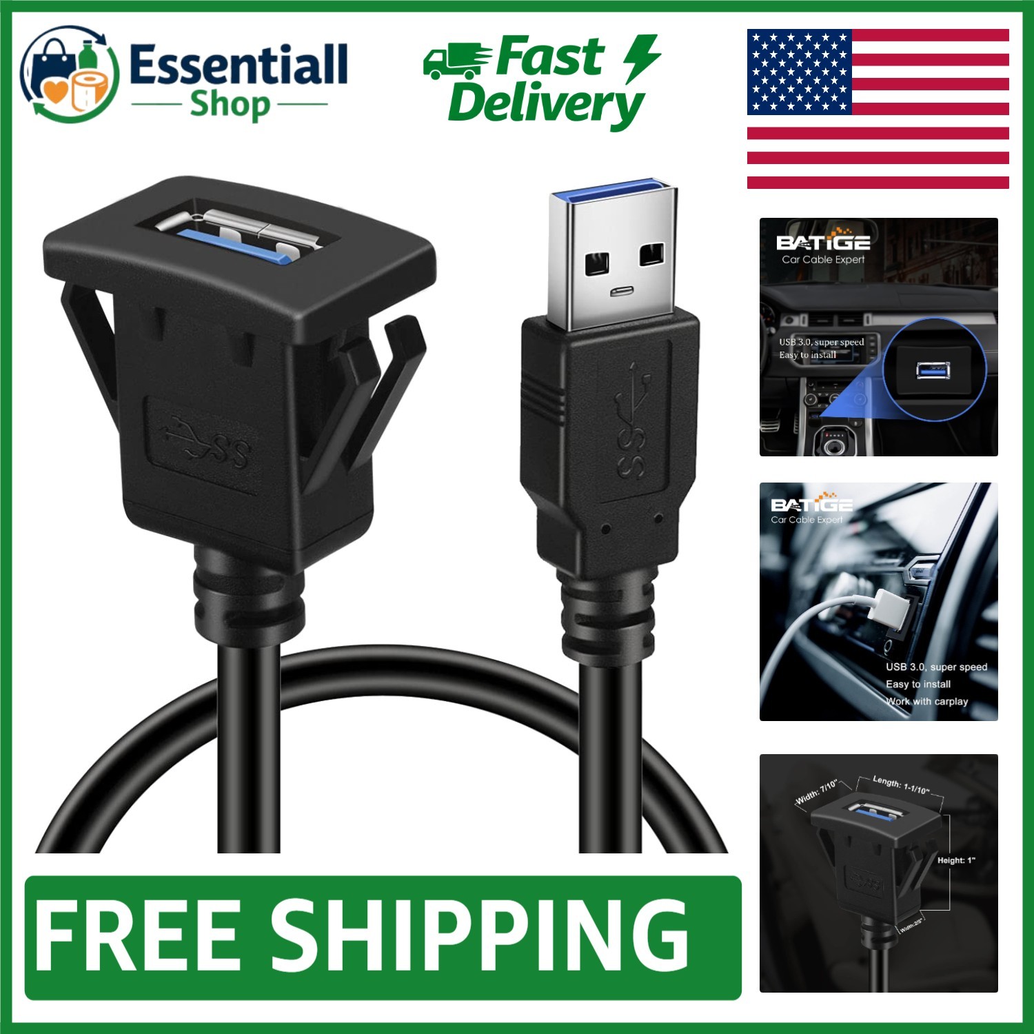 Square USB 3.0 Flush Mount Extension Cable - 3ft for Cars, Boats, Motorcycles