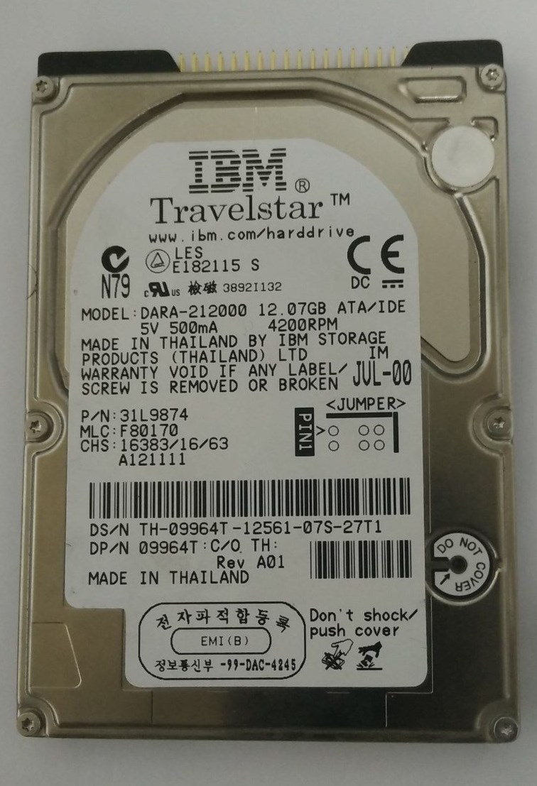 Dell 9964T (IBM DARA-212000) 12.07GB 4200 RPM 9.5MM 2.5" IDE Hard Drive 