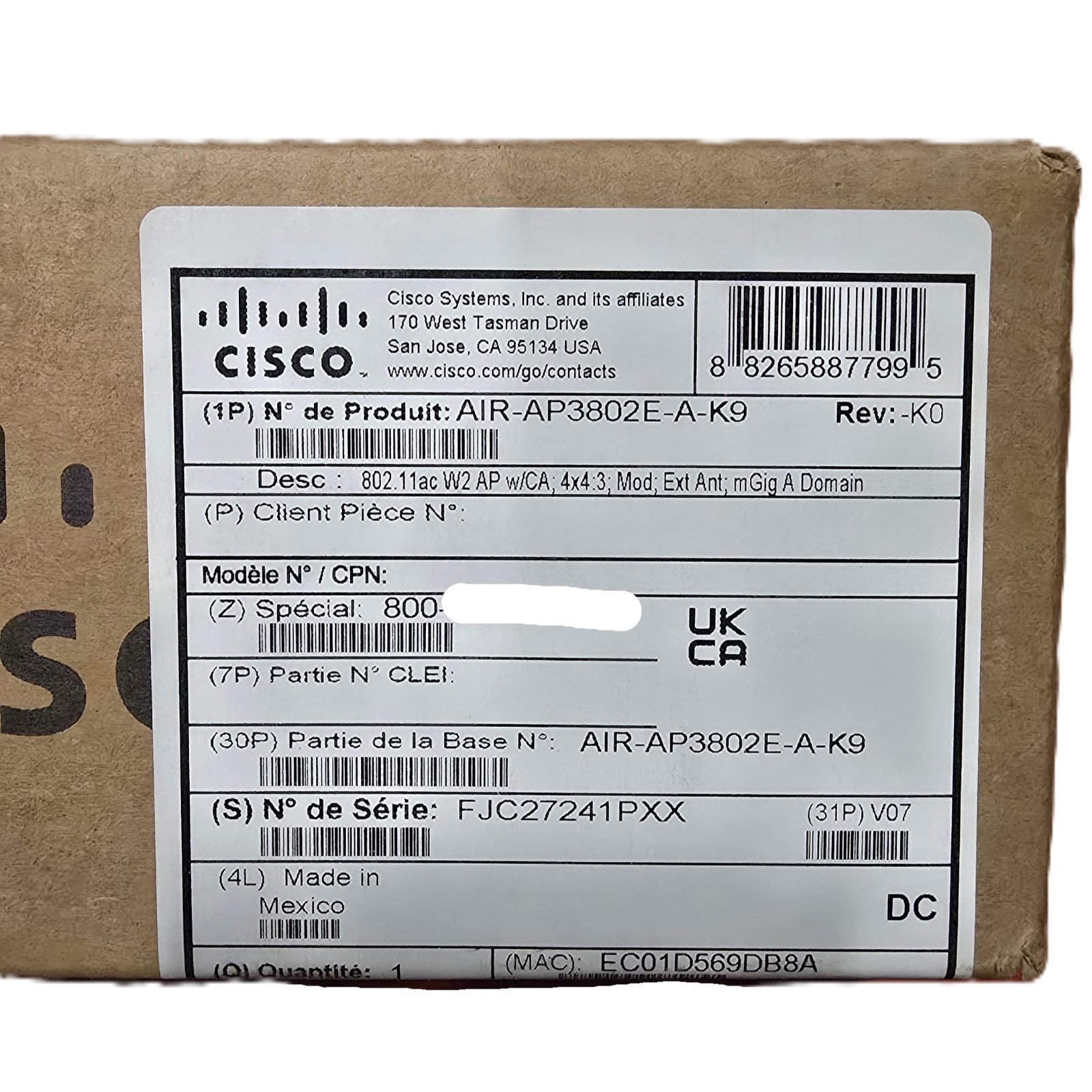 BNIB CISCO AIR-AP3802E-A-K9 WIRELESS ACCESS POINT AIRONET 3802E IEEE 802.11AC
