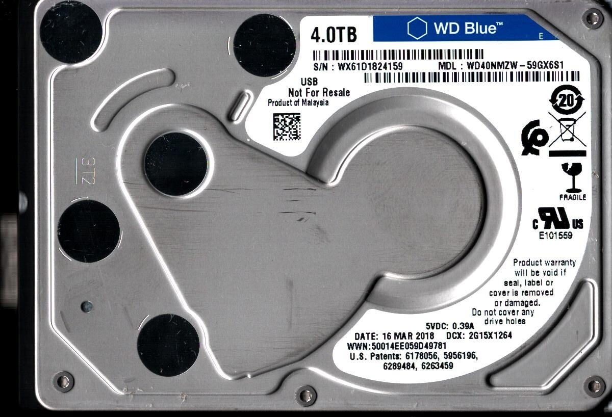 WD40NMZW-59GX6S1 S/N: WX61D WESTERN DIGITAL 4TB MALAYSIA 16 MAR 2018