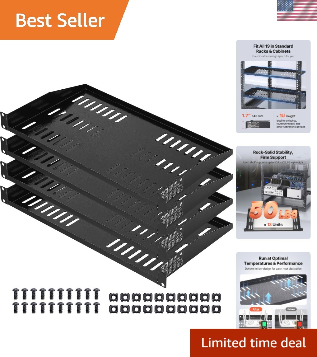 4PCS 1U Server Rack Shelf, Universal Vented Rack Mount Cantilever Tray for 19...