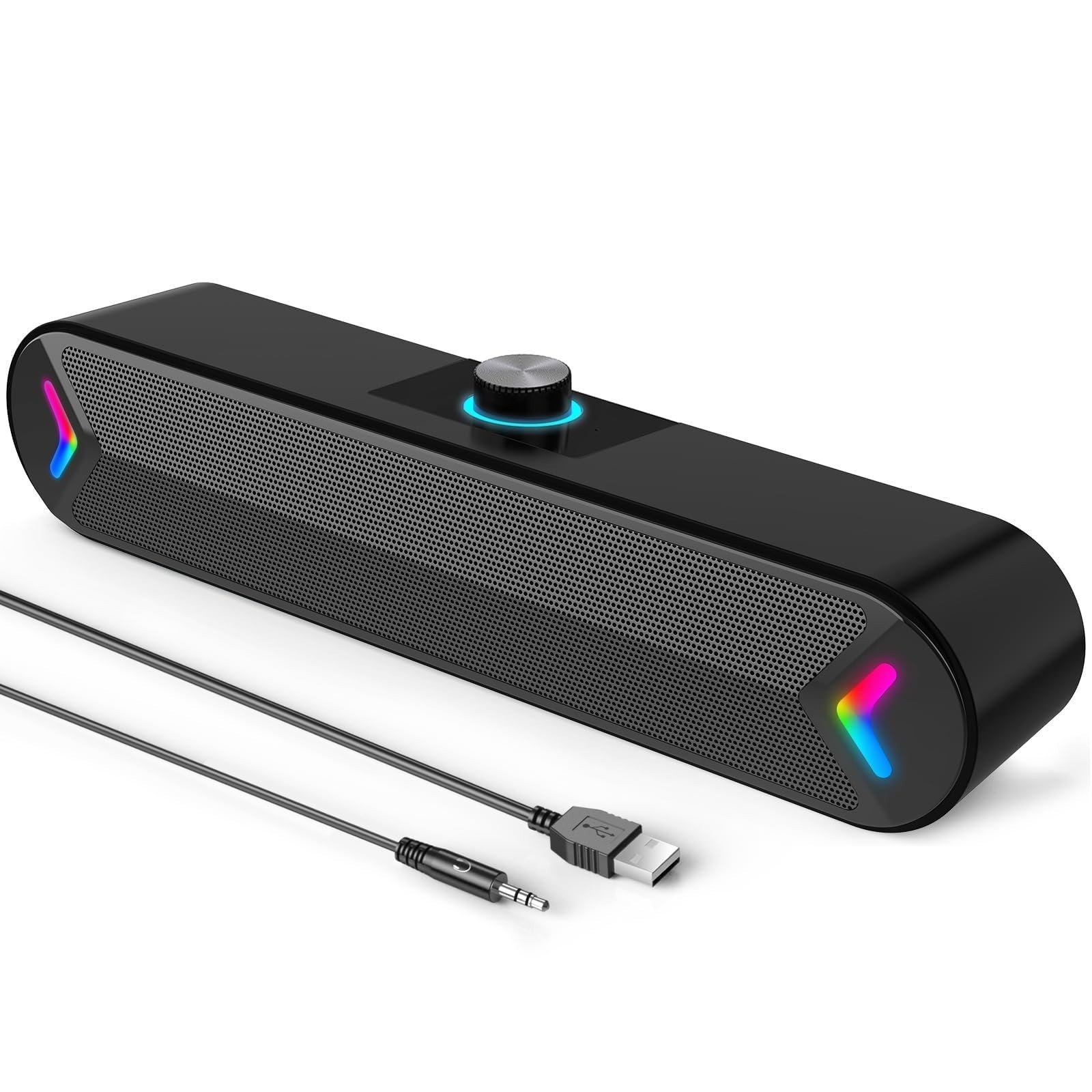 Wired USB Computer Speakers, 10W Stereo Sound Bar for Desktop, Colorful Lights