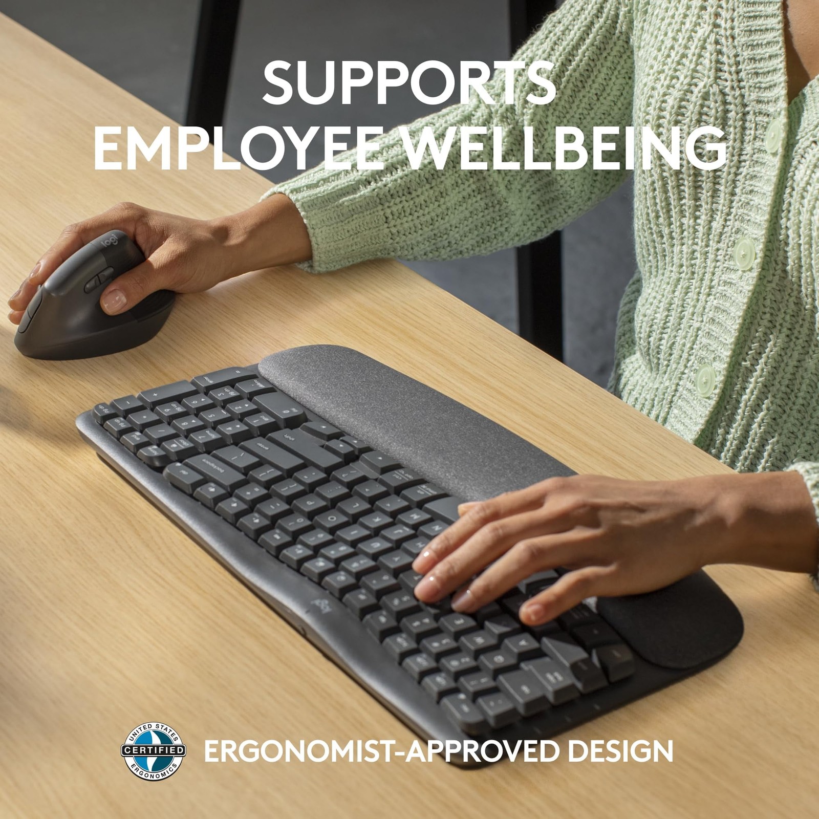 Logitech Wave Keys for Business Wireless Ergonomic Keyboard with Cushioned Palm