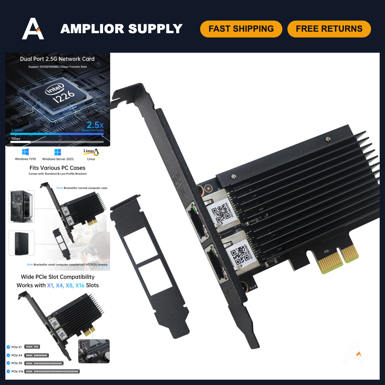 Dual Port 2.5GBase-T Network Card PCIe Ethernet Adapter NIC RJ45 for Windows 10/