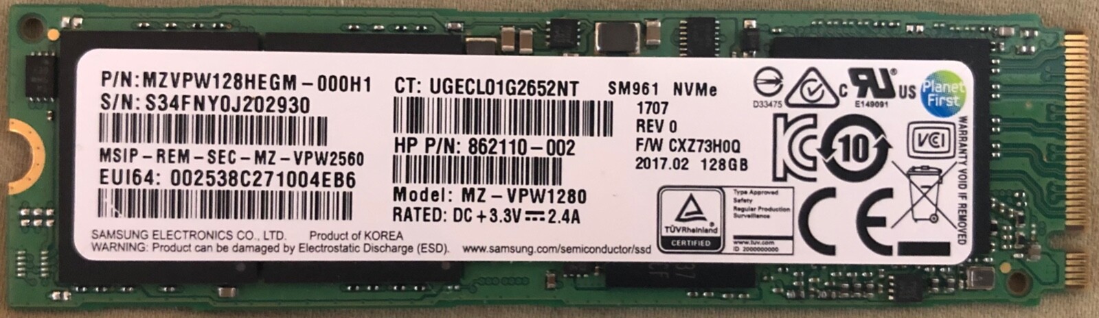 Samsung solid state drive, SM961 128GB SSD NVM M.2 2280 PCIe PCI-Express 3.0