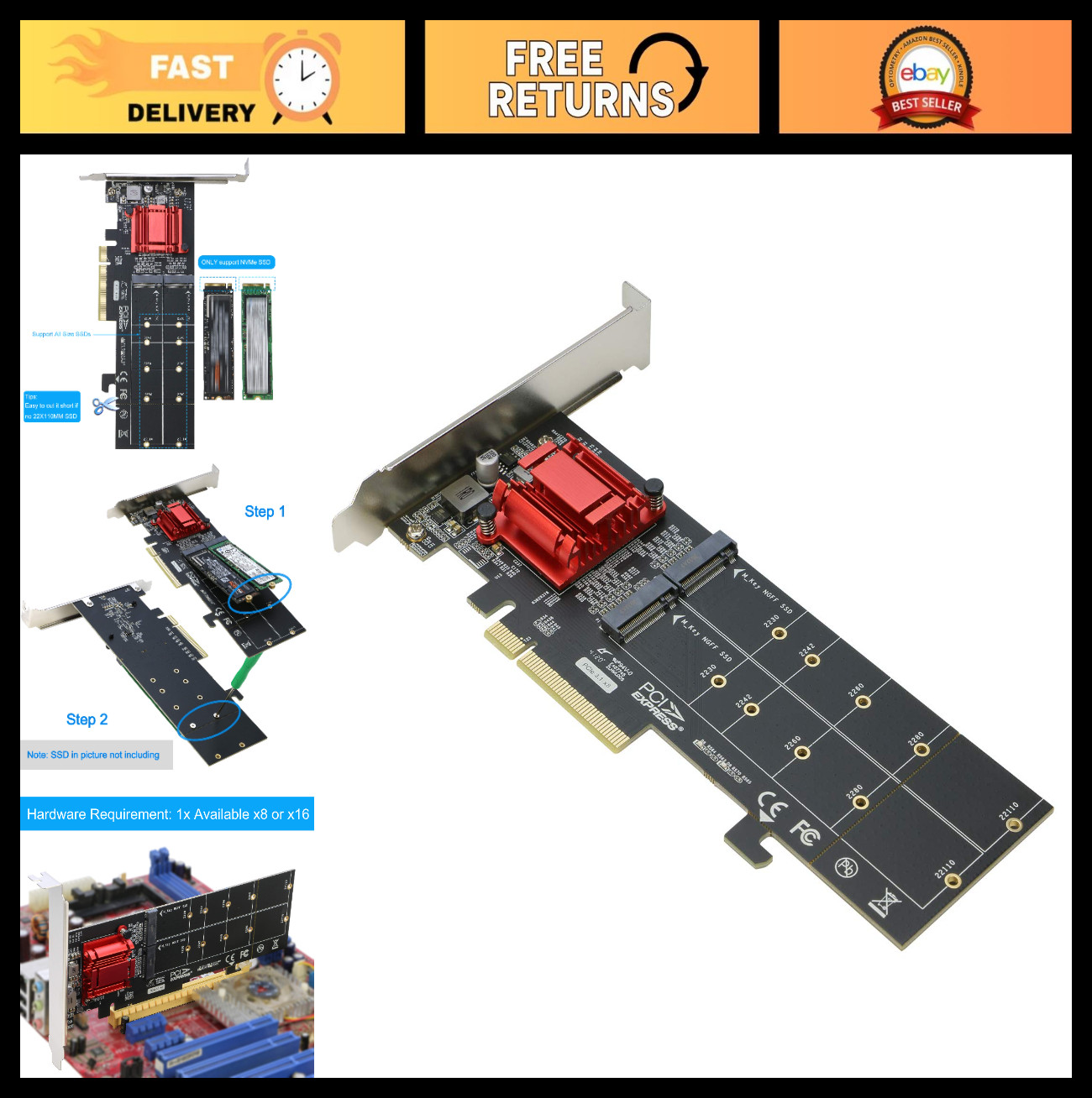 Dual NVMe PCIe Adapter Card - M.2 NVMe SSD to PCIe 3.1 x8/x16, Supports 22110/22