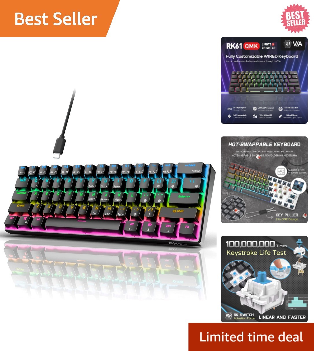 RK61 Wired 60% Mechanical Gaming Keyboard with RGB and Hot-Swappable Blue Switch