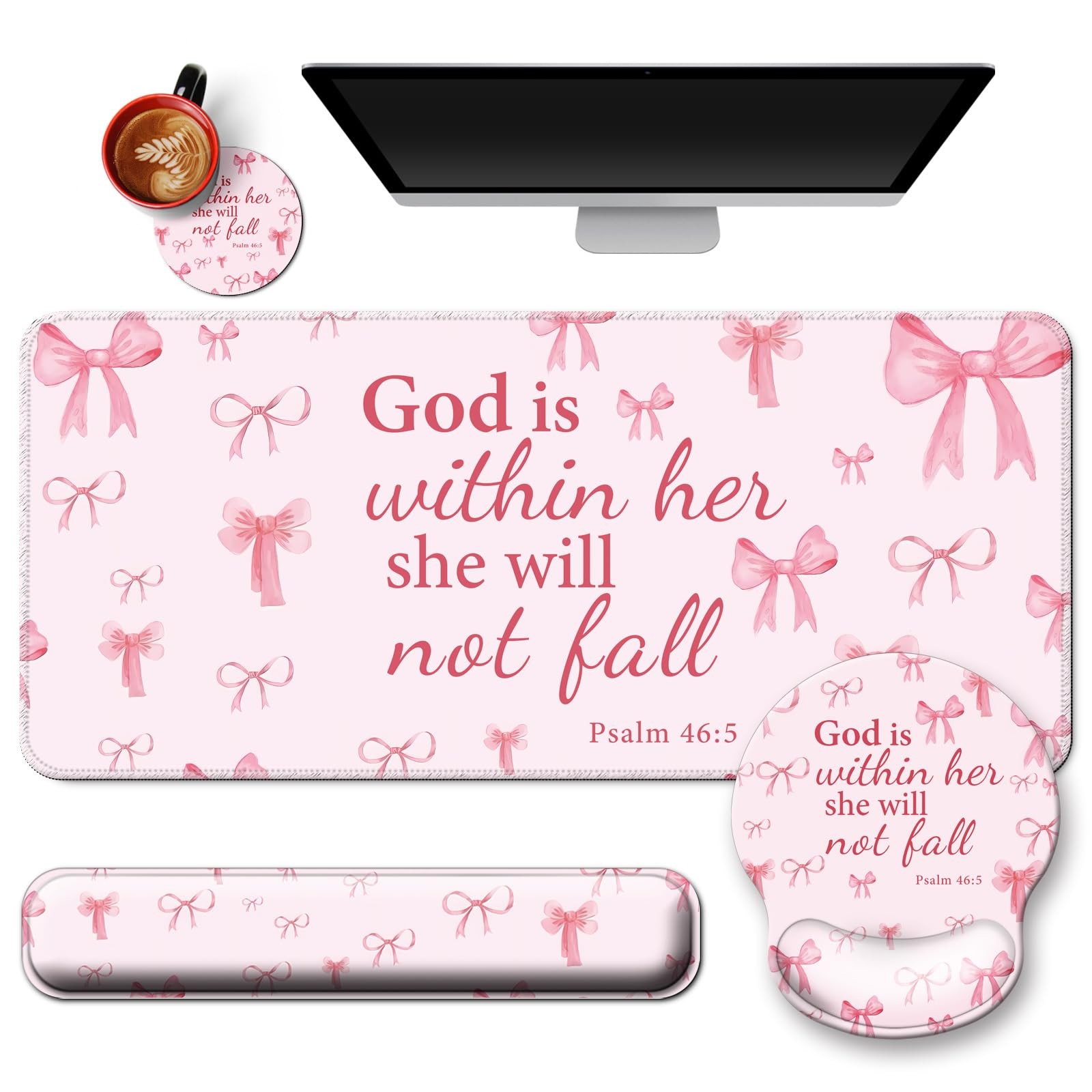 Wiabsi 4 In 1 Mouse Pad Set Wrist Rest For Keyboard,Desk Mat,Coaster-Pink Bow