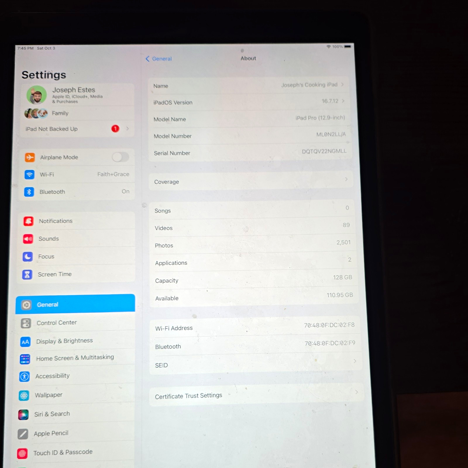 Apple iPad Pro 12.9in 128GB Wi‑Fi iPadOS Black Tablet MPN ML0N2LL/A