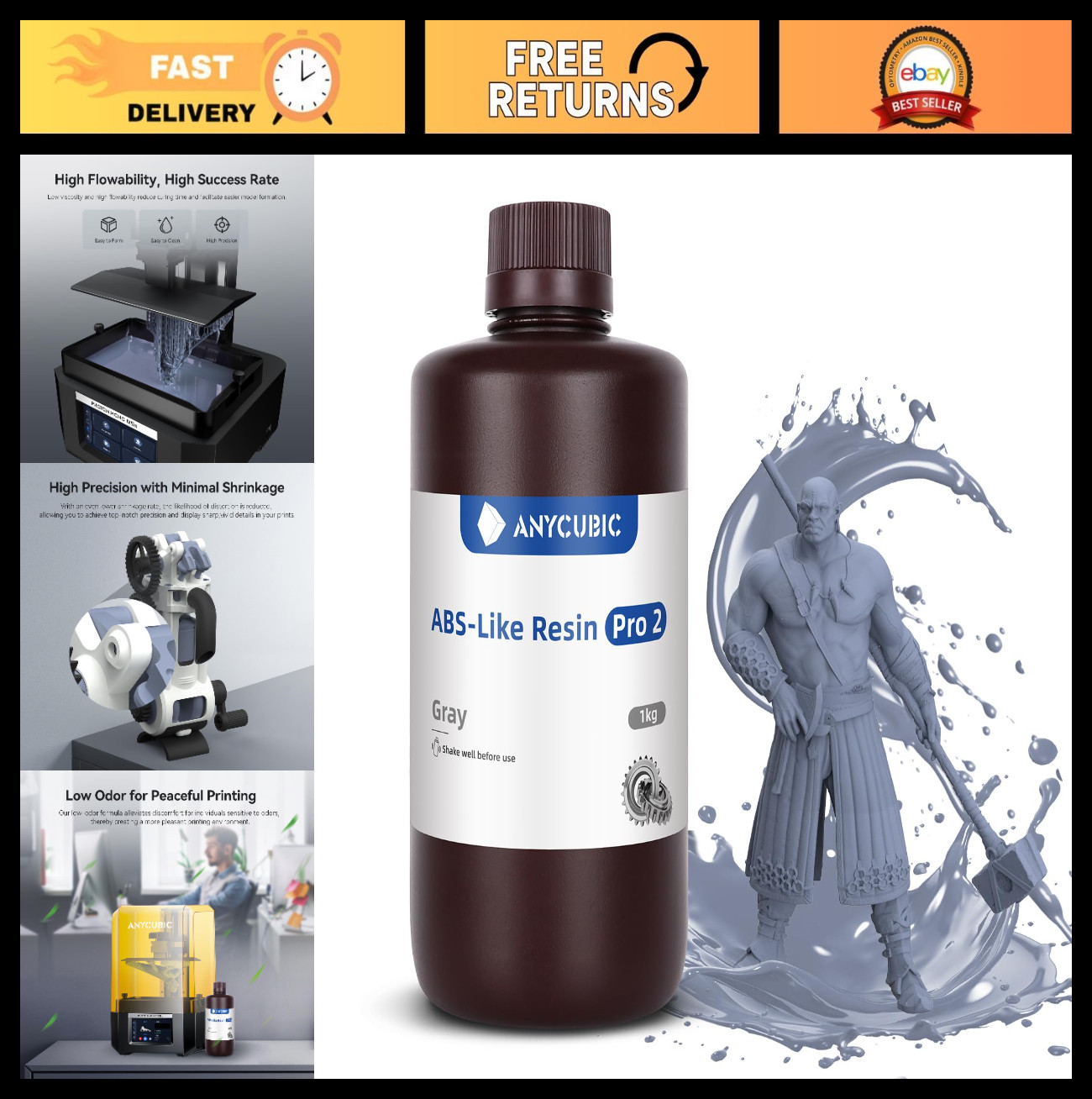 High Precision 8K ABS-Like 3D Printer Resin - Tough, Low Odor, 1kg for LCD Print