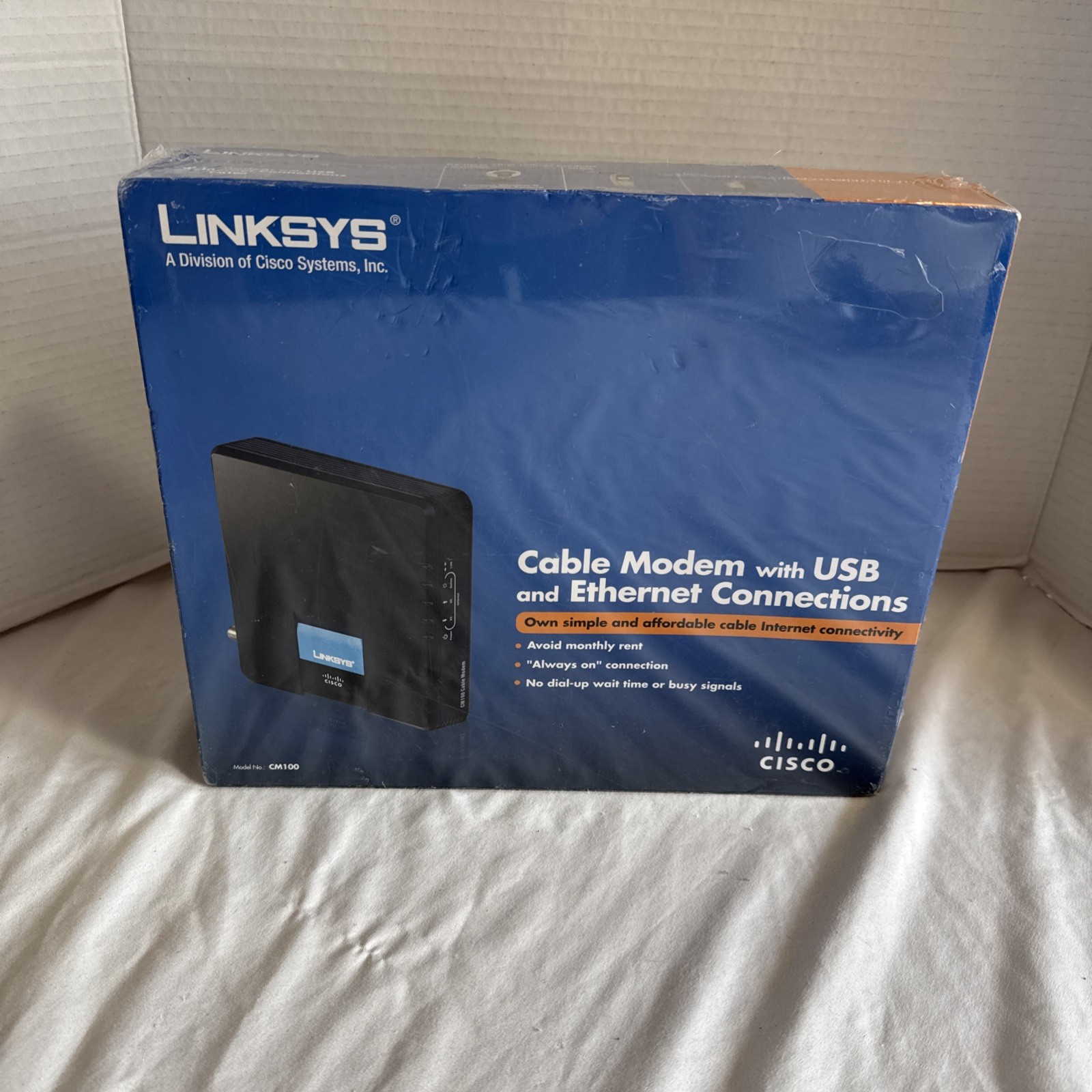 LINKSYS CISCO CM100 CABLE MODEM USB AND INTERNET CONNECTIONS NEW SEALED BOX