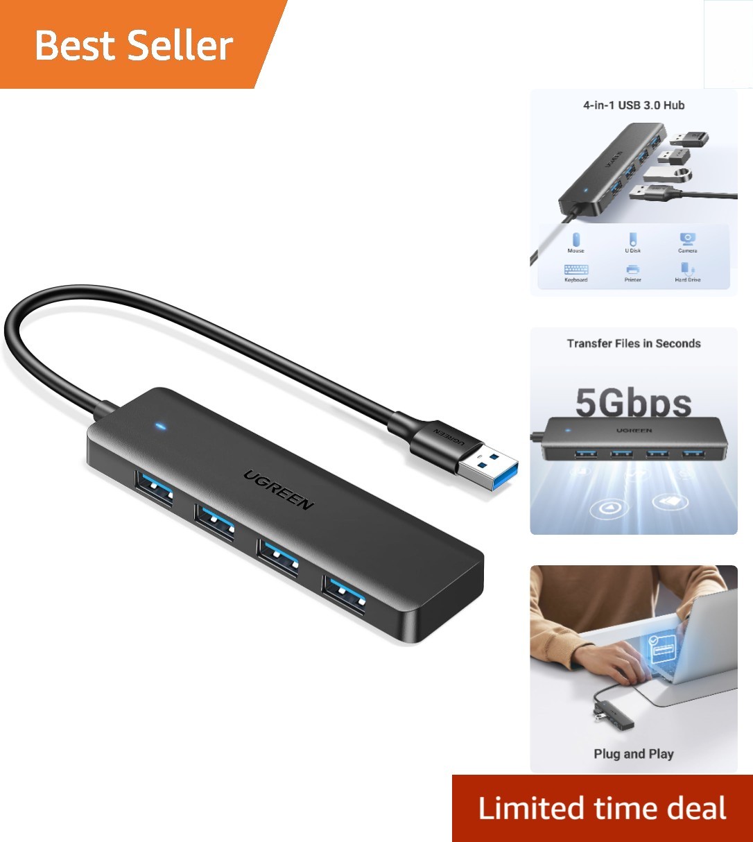 Portable 4 Port USB 3.0 Expander - Fast Data Transfer Hub for Laptops and More