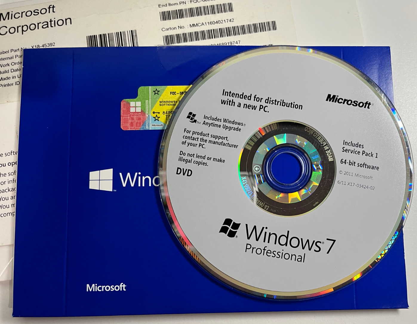 Microsoft Windows 7 Professional 64 Bit DVD Key Included