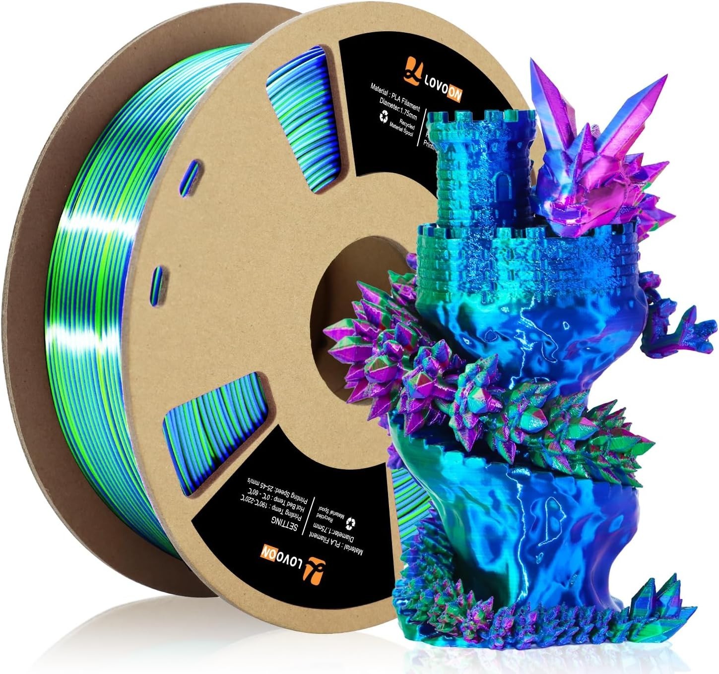 3D Printer Filament, Tricolor PLA Filament 1.75mm Silk Rainbow Filament Green-Re
