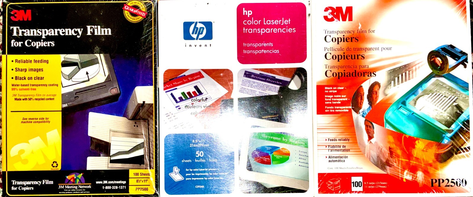 Lot of 3 Transparency Film HP C2934A Color LaserJet & 3M PP2500 250 Sheets New